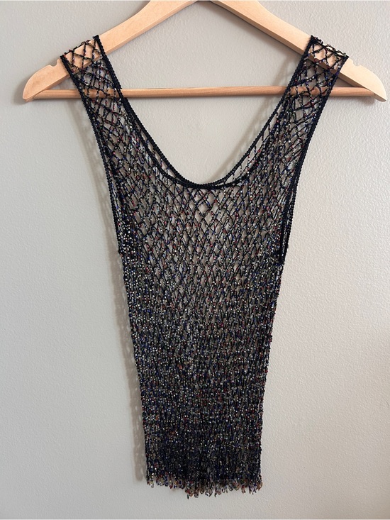 Tops - Vintage Black Beaded Crochet Mesh Tank Top Y2K Whimsigoth